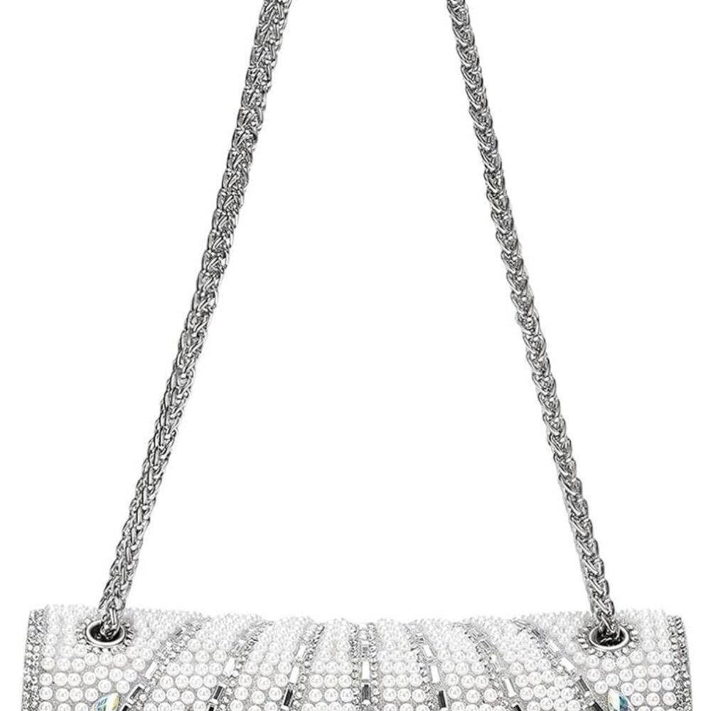Silver Beaded Evening Bag Clutch Purse with Crystal Rhinestones for Formal Event